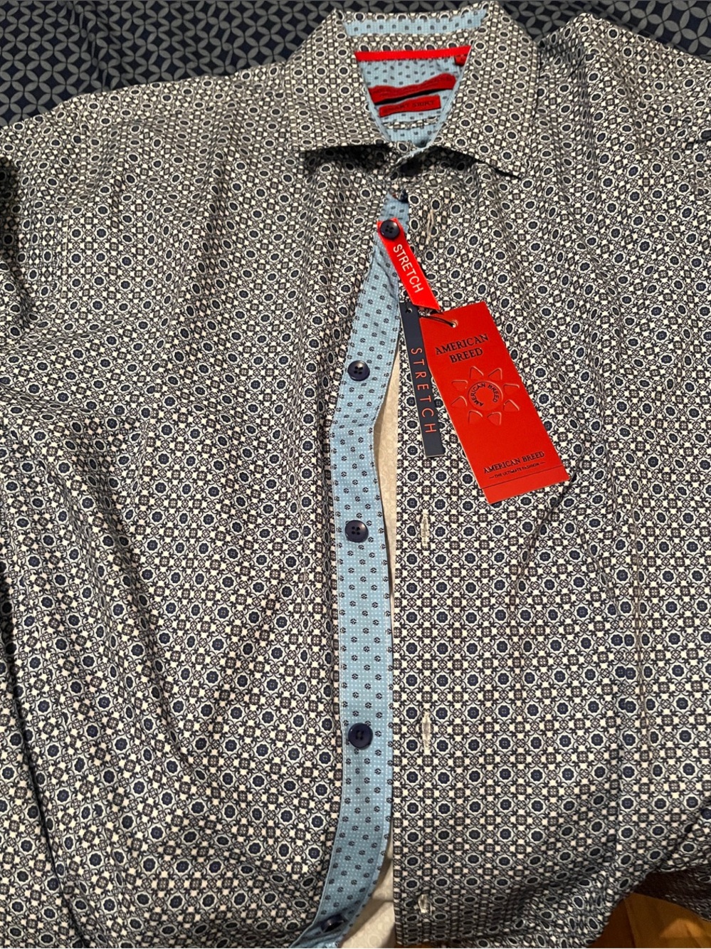 American Breed Men's Navy Patterned Stretch Button-Down Shirt